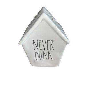 Rae Dunn Birdhouse Coin Bank NEVER DUNN by Magenta White w Black Lettering New